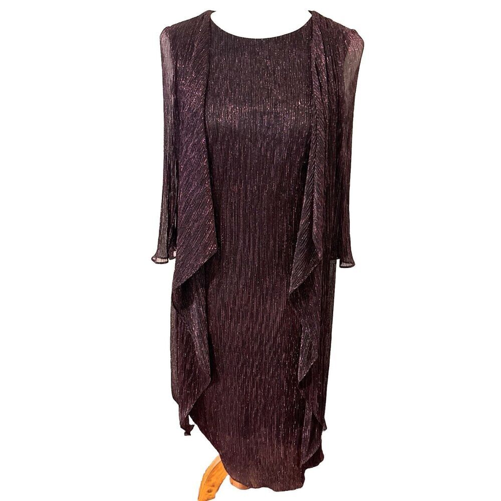 Womens Sz 6 Burgundy Metallic Sheath Dress Draped Overlay Party Elegant Evening